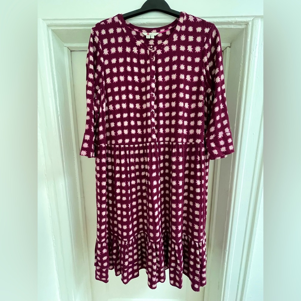 Boden Women's Size US 18L (Tall) Wine Red/Pink Printed Ruffle Dress